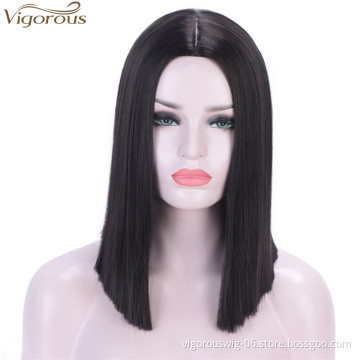 Vigorous Straight Short Blunt Cut Bob For Black Women Deep Middle Part Brazilian Wigs Heat Resistant Synthetic Cosplay Wigs